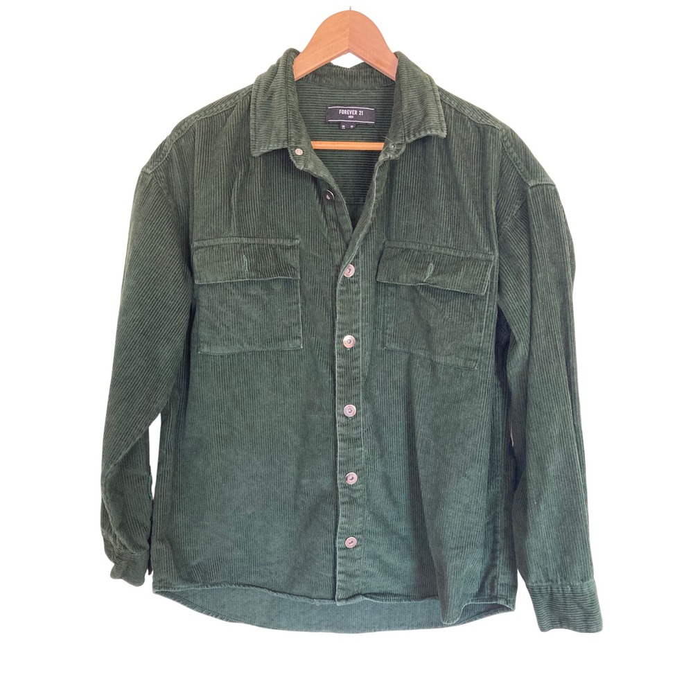 Forever 21 Men Forest Green Corduroy Button Down Shirt Shacket 00412385 M